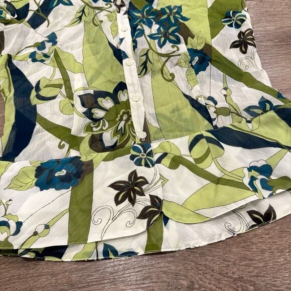 Worthington Women's Size 8 Y2K Babydoll Top‎ Blouse Green Floral 70s Print Sheer - Picture 3 of 8